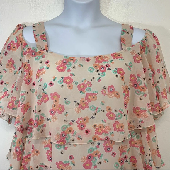 Lane Bryant Top Woman 22 P Pink Floral Tiered Flowy Chiffon Cottagecore Fairy - Picture 2 of 10